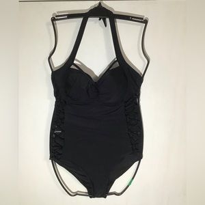 Halter one piece swim suit with lacing sides 2XL Black